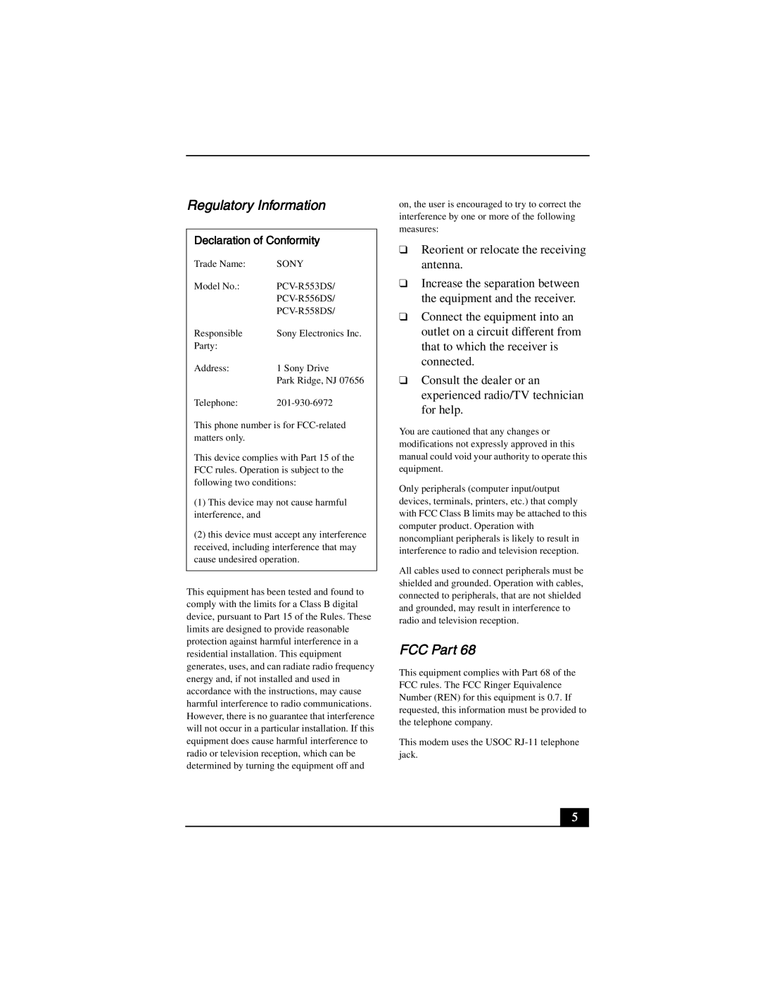 Sony PCV-R556DS, PCV-R553DS, PCV-R558DS manual Regulatory Information, FCC Part 