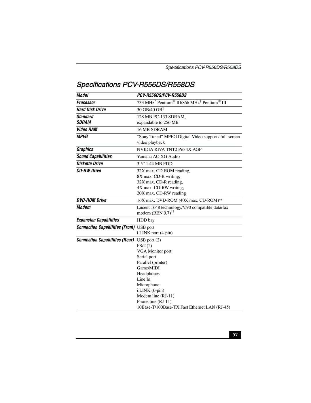 Sony PCV-R553DS manual Specifications PCV-R556DS/R558DS, PCV-R556DS/PCV-R558DS 