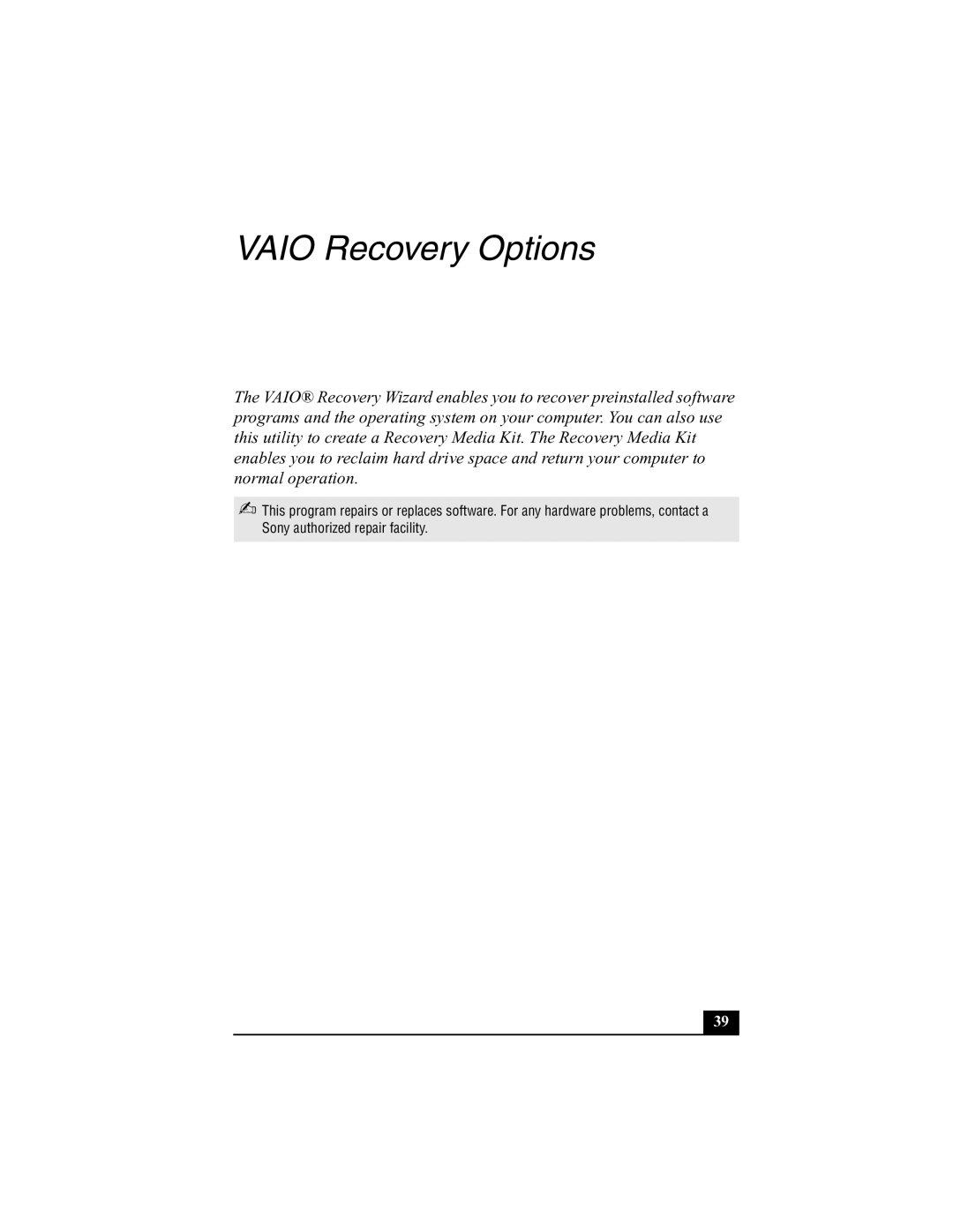 Sony PCV-RS300 quick start Vaio Recovery Options 