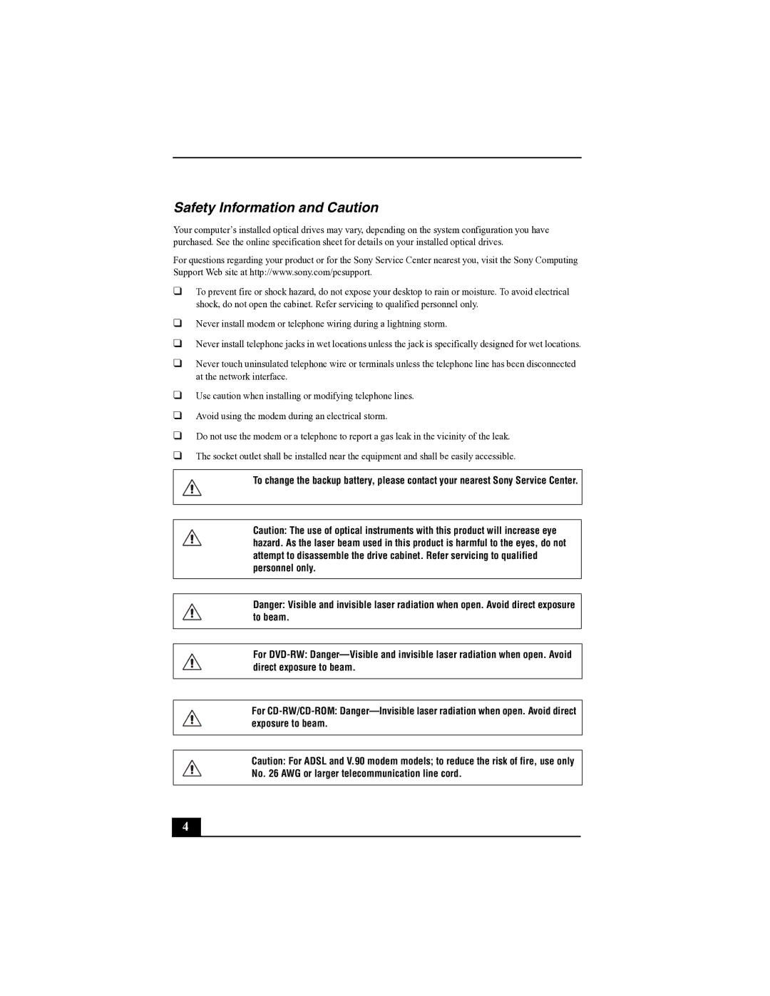 Sony PCV-RS300 quick start Safety Information and Caution 