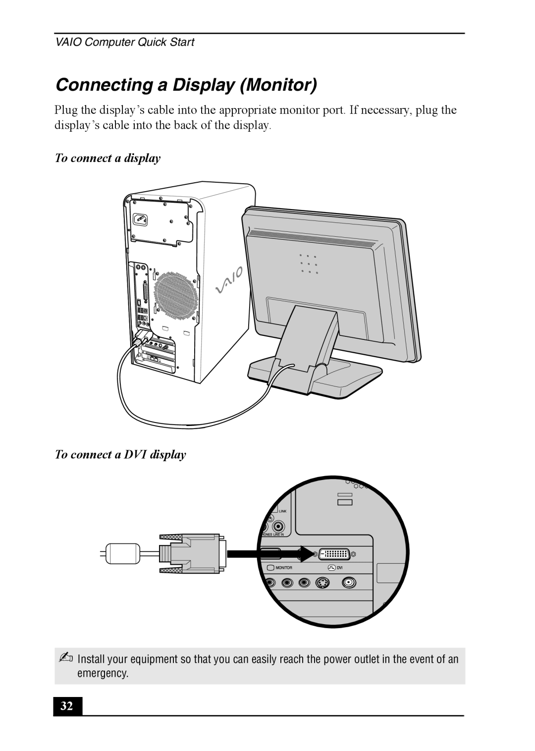 Sony PCV-RS400 quick start Connecting a Display Monitor, To connect a display To connect a DVI display 