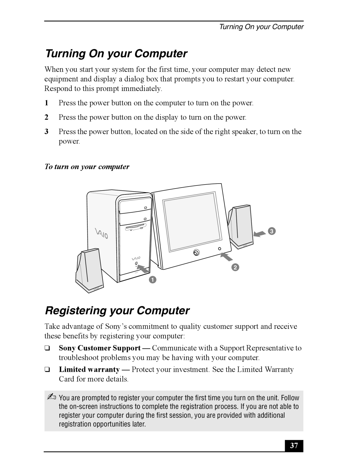 Sony PCV-RS400 quick start Turning On your Computer, Registering your Computer, To turn on your computer 