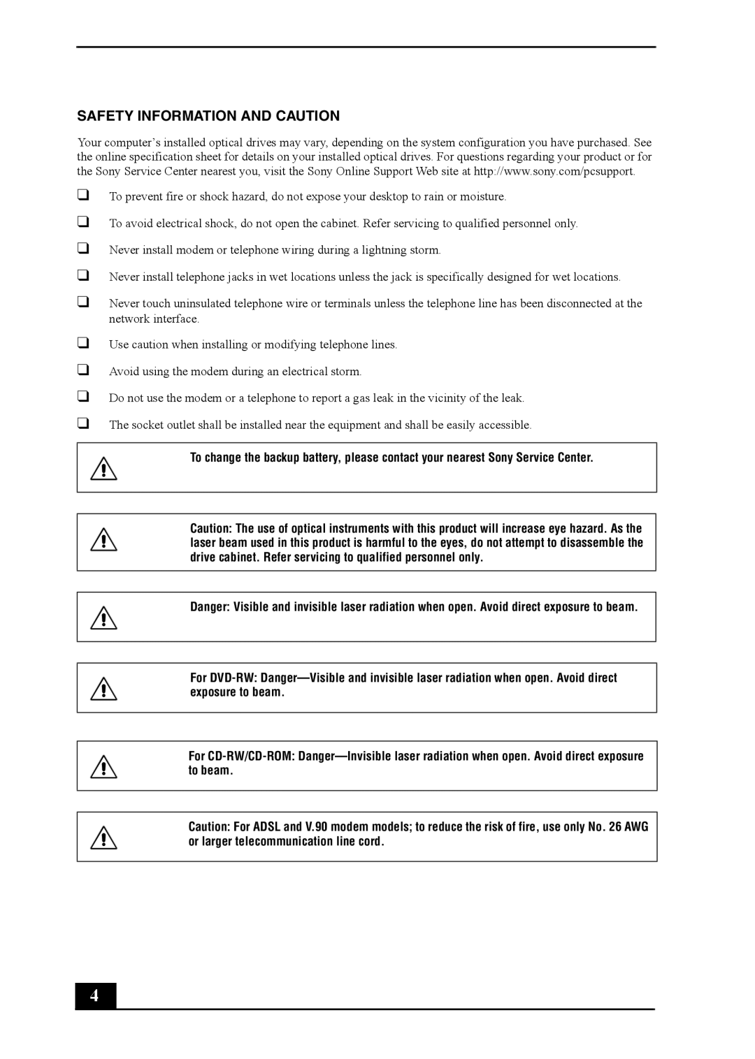 Sony PCV-RS400 quick start Safety Information and Caution 