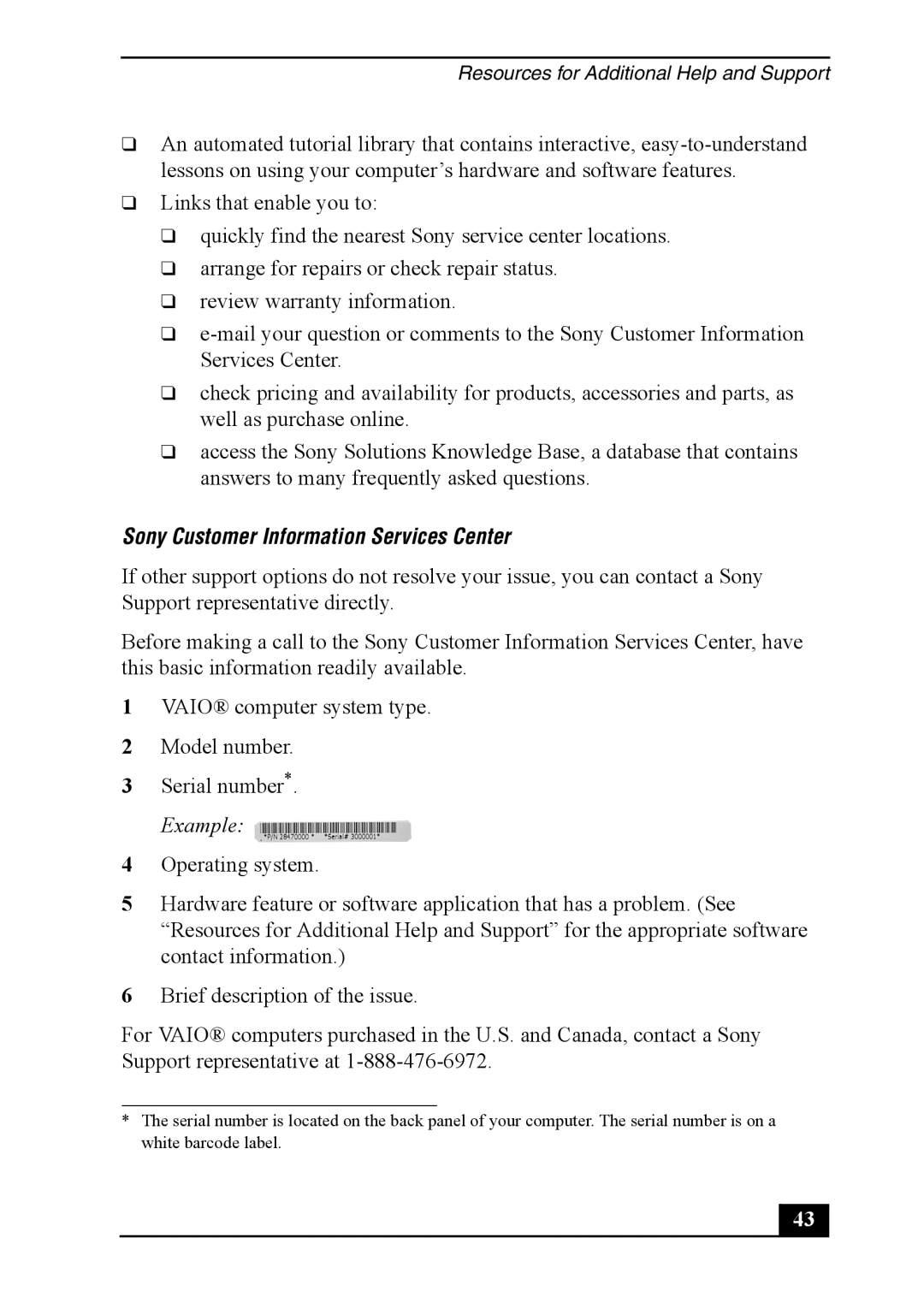 Sony PCV-RS400 quick start Sony Customer Information Services Center 