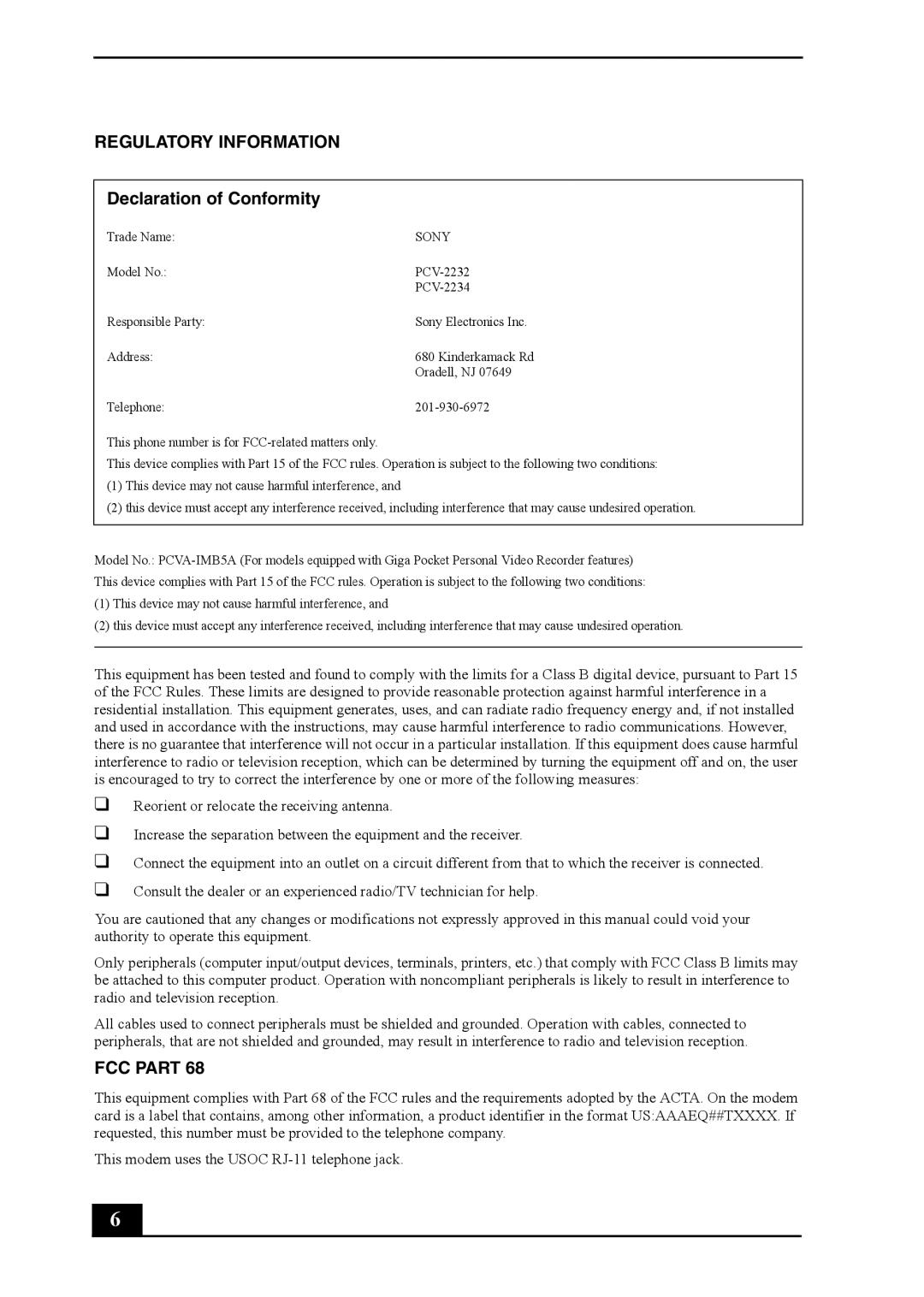 Sony PCV-RS400 quick start Regulatory Information 