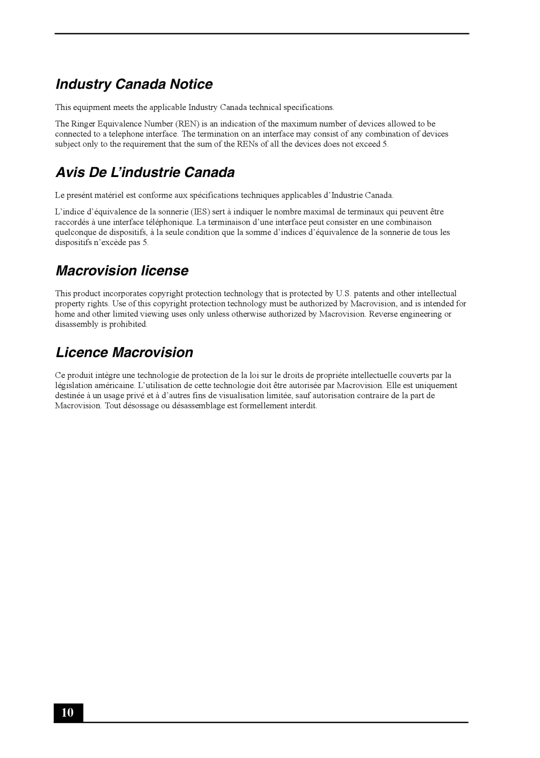 Sony PCV-RS500 quick start Industry Canada Notice, Avis De L’industrie Canada, Macrovision license, Licence Macrovision 