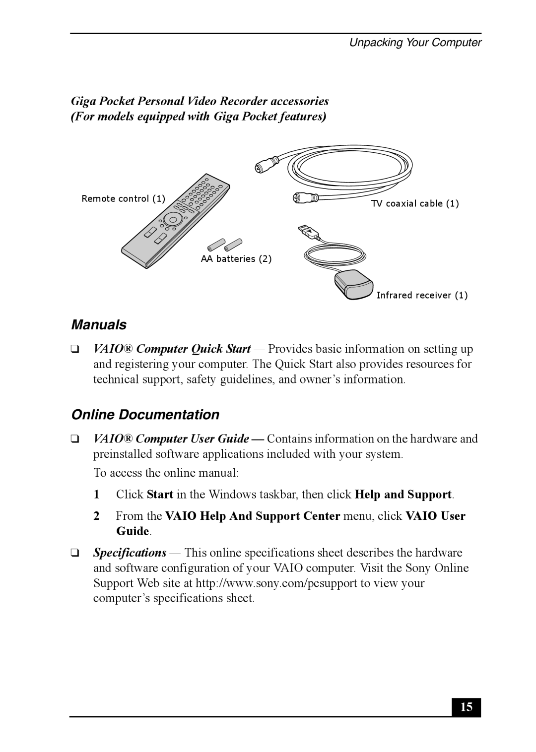 Sony PCV-RS500 quick start Manuals, Online Documentation 