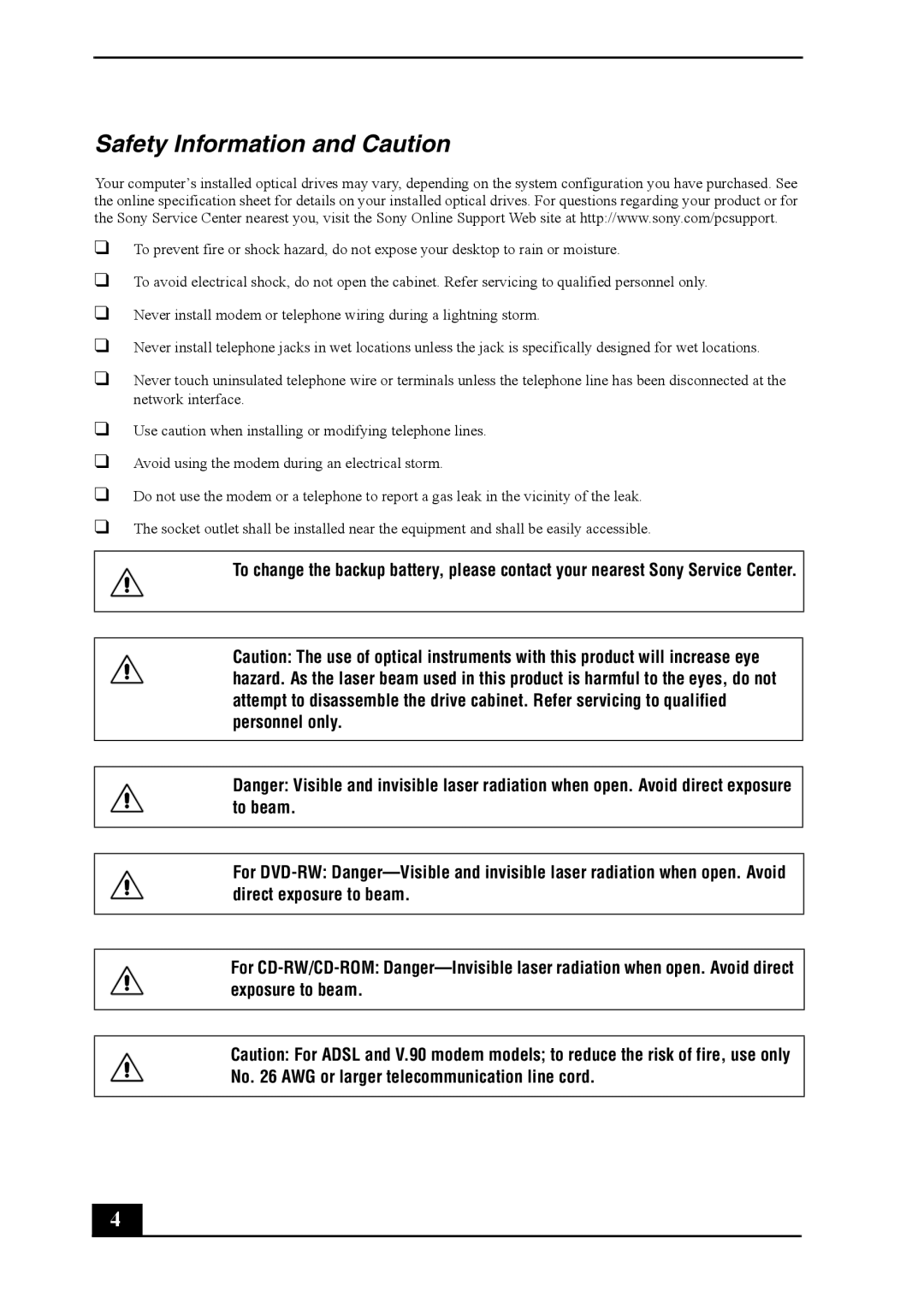 Sony PCV-RS500 quick start Safety Information and Caution 