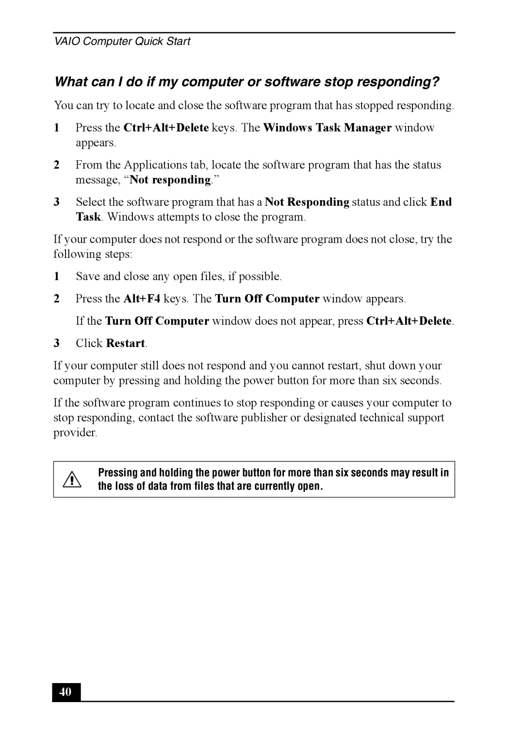 Sony PCV-RS500 quick start What can I do if my computer or software stop responding? 