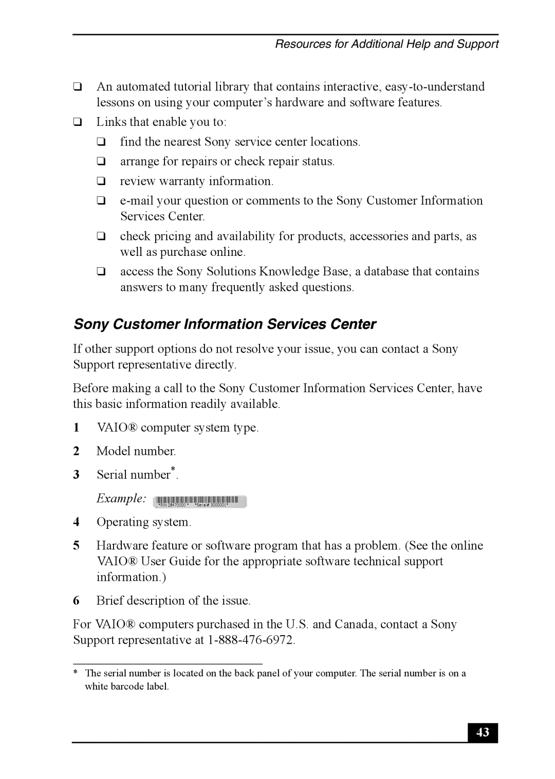 Sony PCV-RS500 quick start Sony Customer Information Services Center, Example 