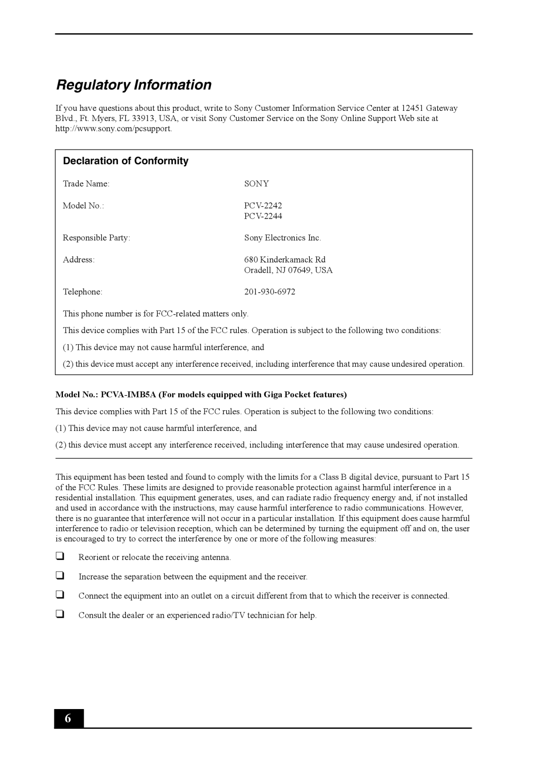 Sony PCV-RS500 quick start Regulatory Information, Declaration of Conformity 