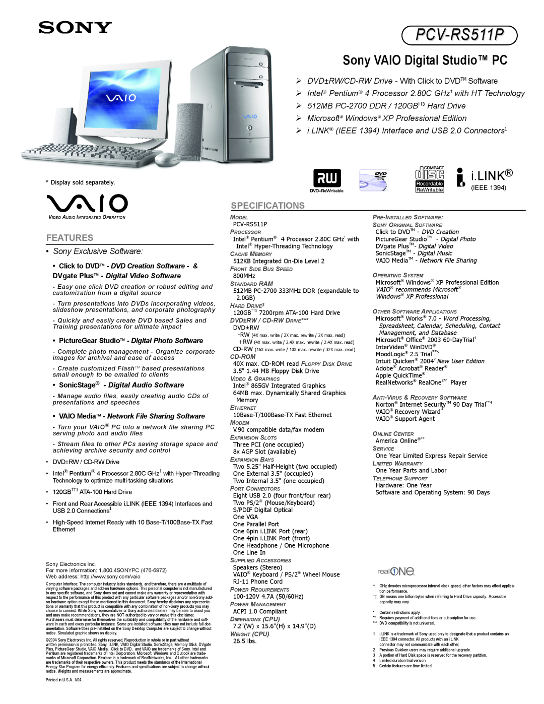 Sony PCV-RS511P specifications Sony VAIO Digital Studio PC, i.LINK, Specifications, Features, Sony Exclusive Software 