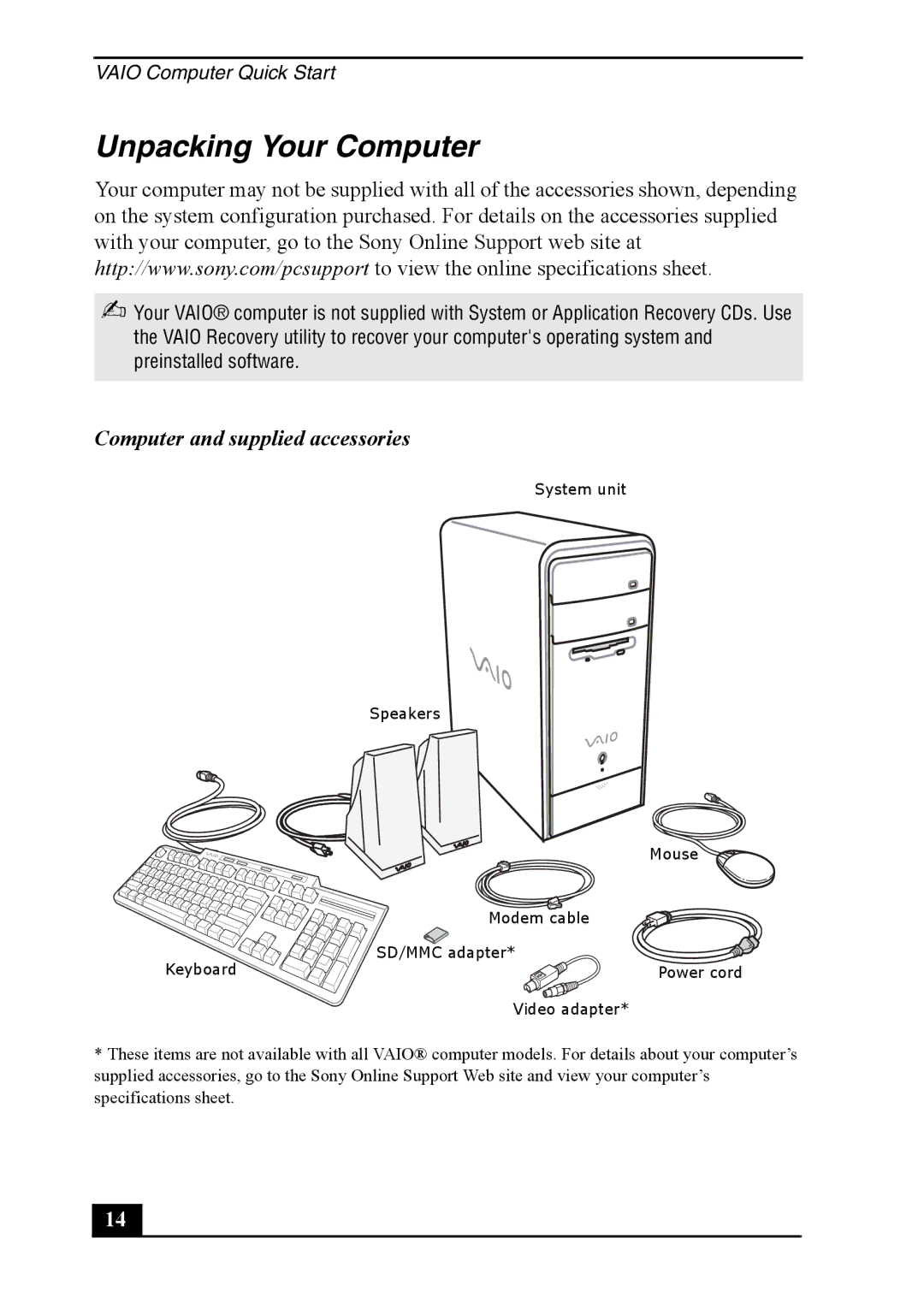 Sony PCV-RS600 quick start Unpacking Your Computer, Computer and supplied accessories 