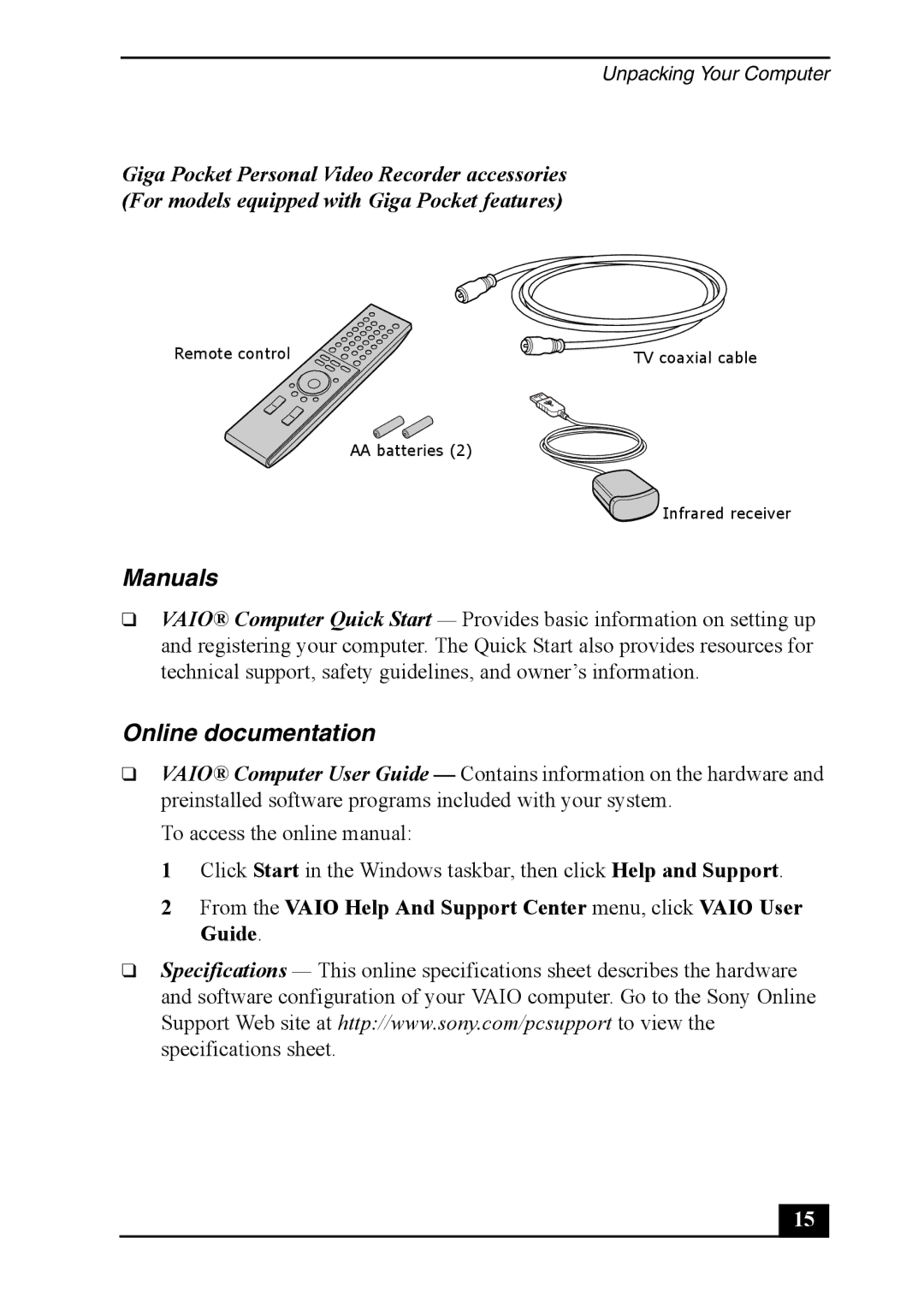 Sony PCV-RS600 quick start Manuals, Online documentation 