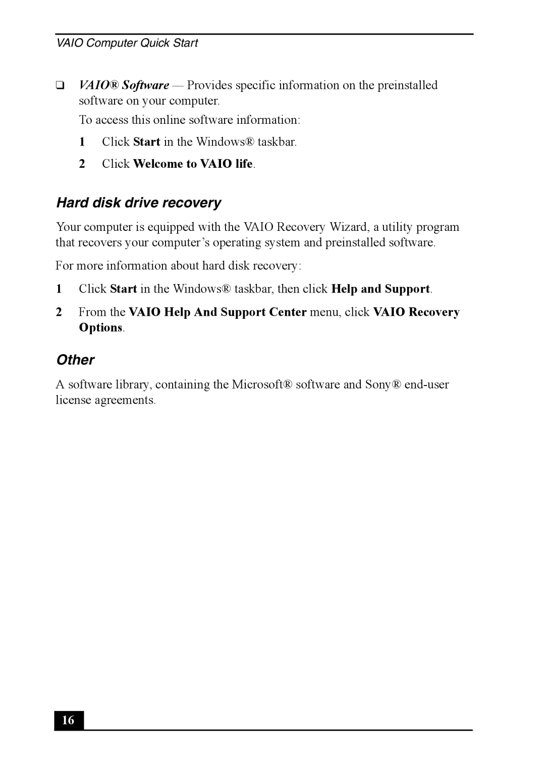 Sony PCV-RS600 quick start Hard disk drive recovery, Other 