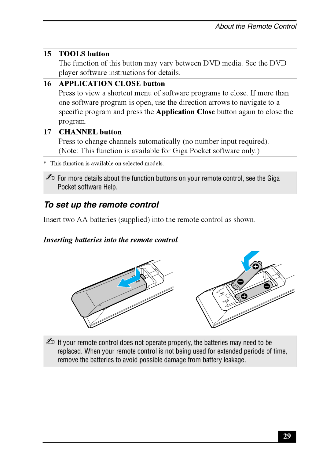 Sony PCV-RS600 quick start To set up the remote control, Tools button, Application Close button, Channel button 