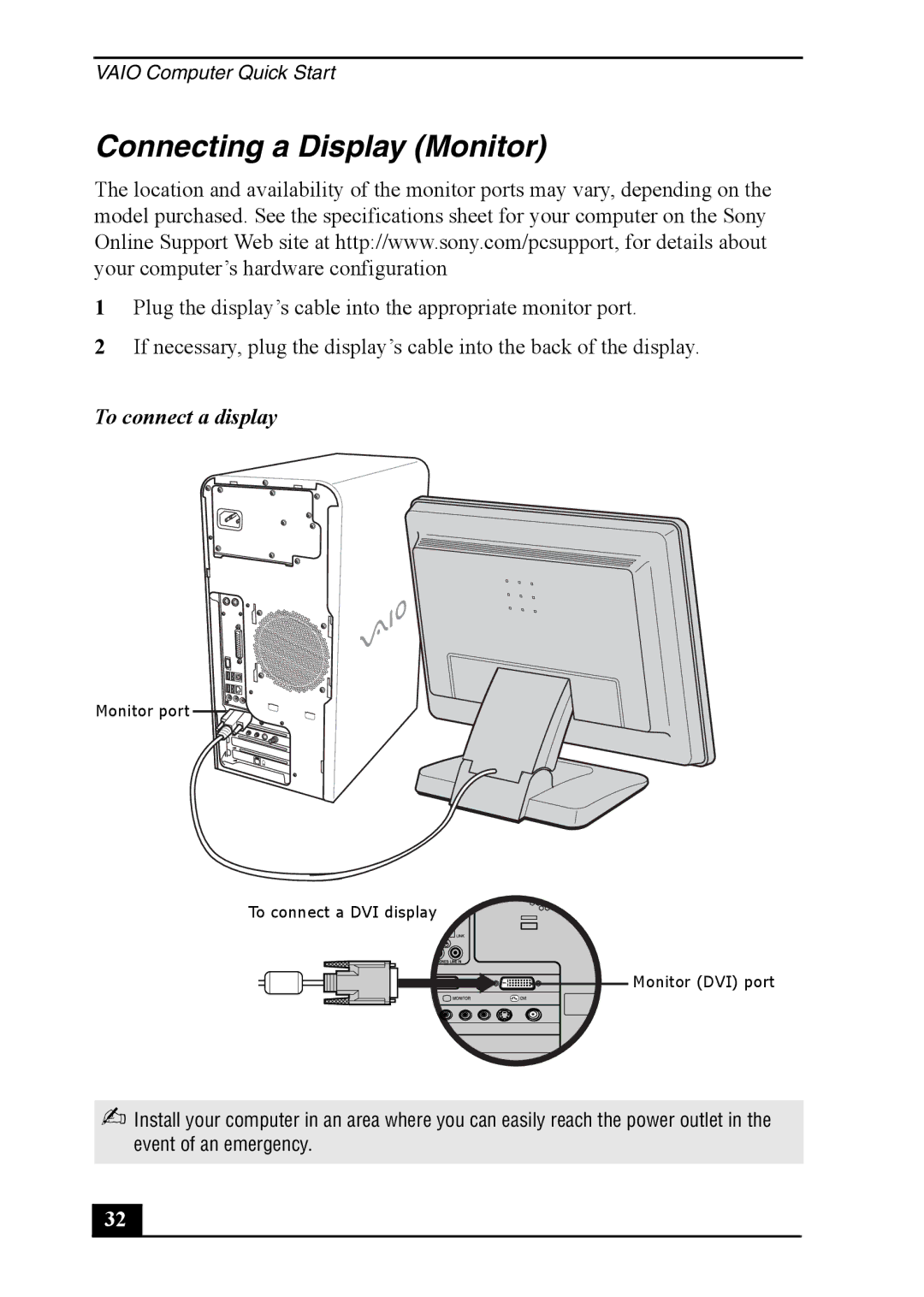 Sony PCV-RS600 quick start Connecting a Display Monitor, To connect a display 