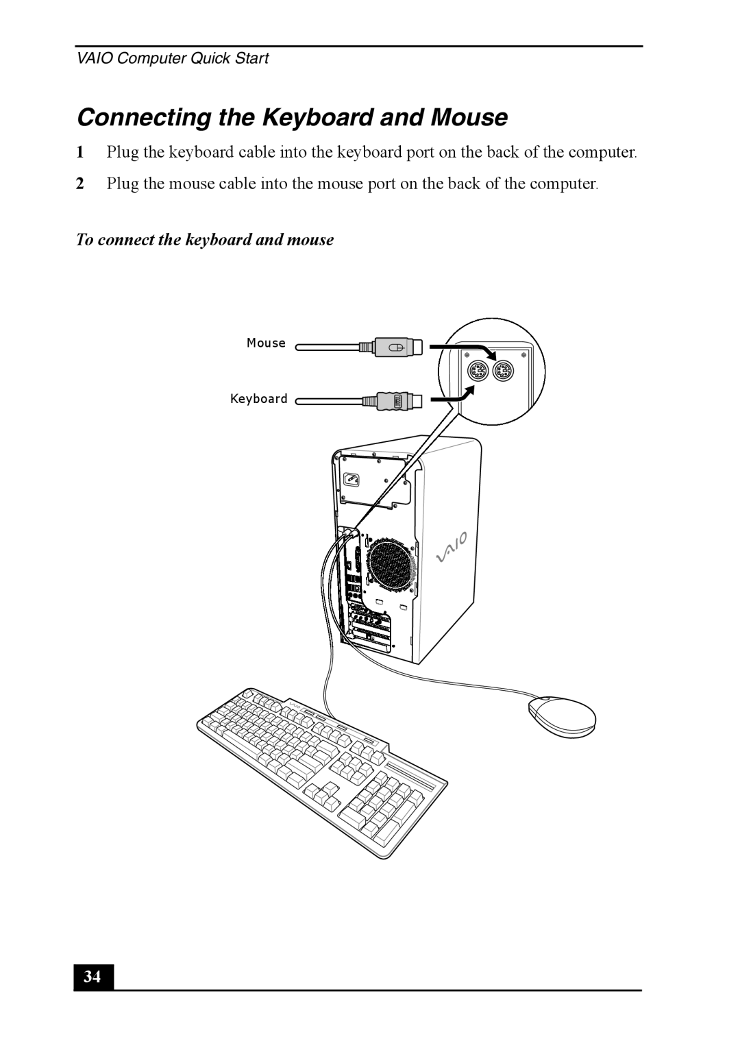 Sony PCV-RS600 quick start Connecting the Keyboard and Mouse, To connect the keyboard and mouse 