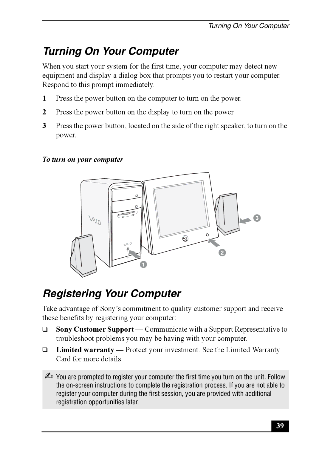 Sony PCV-RS600 quick start Turning On Your Computer, Registering Your Computer, To turn on your computer 