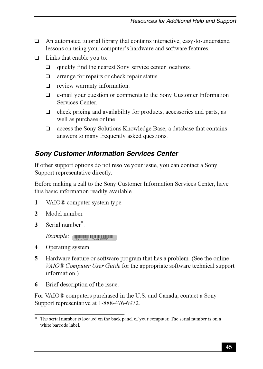 Sony PCV-RS600 quick start Sony Customer Information Services Center, Example 