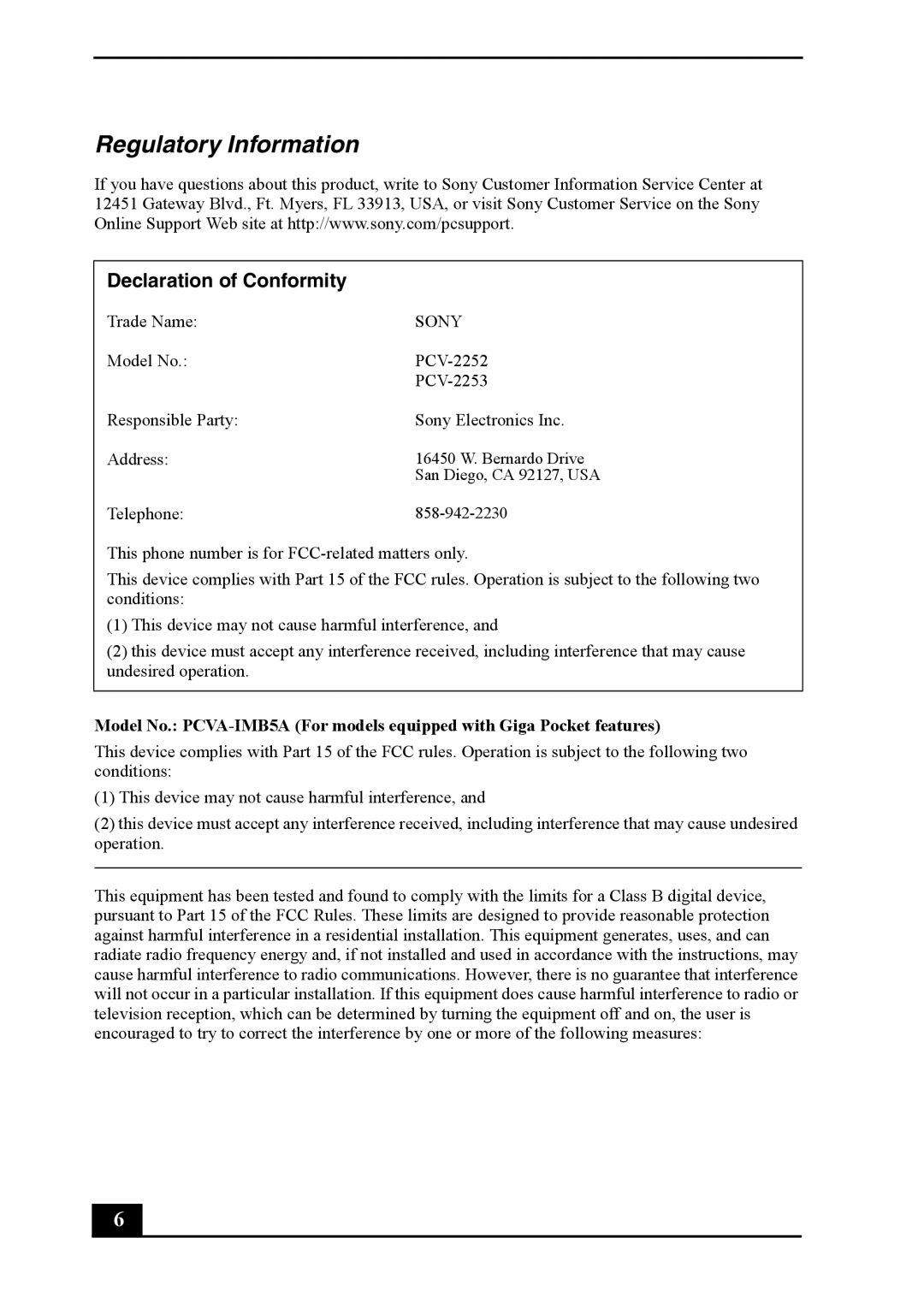 Sony PCV-RS600 quick start Regulatory Information, Declaration of Conformity 