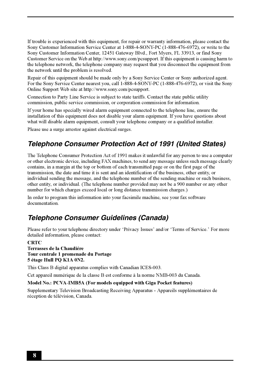 Sony PCV-RS600 quick start Telephone Consumer Protection Act of 1991 United States, Telephone Consumer Guidelines Canada 