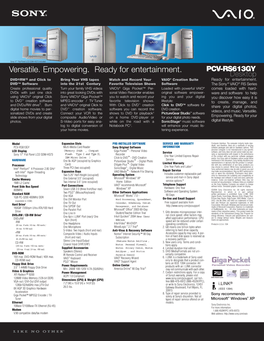 Sony PCV-RS613GY dimensions DVD±RW 5 and Click to DVD Software, Bring Your VHS tapes into the 21st Century 