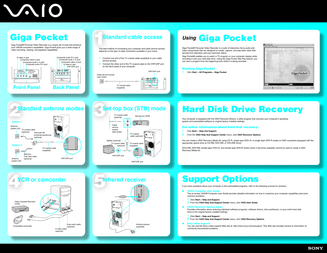 Sony PCV-RS700 manual Using Giga Pocket, Hard Disk Drive Recovery, Support Options 