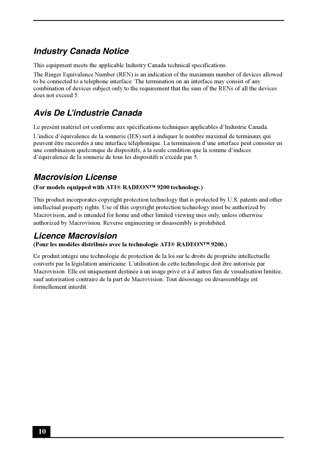 Sony PCV-RS710 quick start Industry Canada Notice, Avis De L’industrie Canada, Macrovision License, Licence Macrovision 