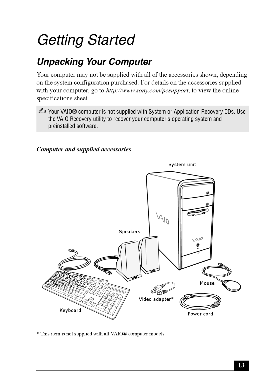 Sony PCV-RS710 quick start Getting Started, Unpacking Your Computer, Computer and supplied accessories 