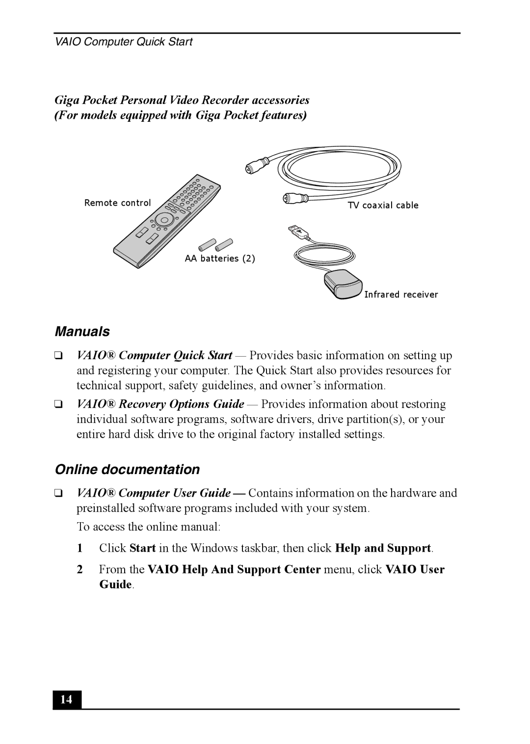 Sony PCV-RS710 quick start Manuals, Online documentation 