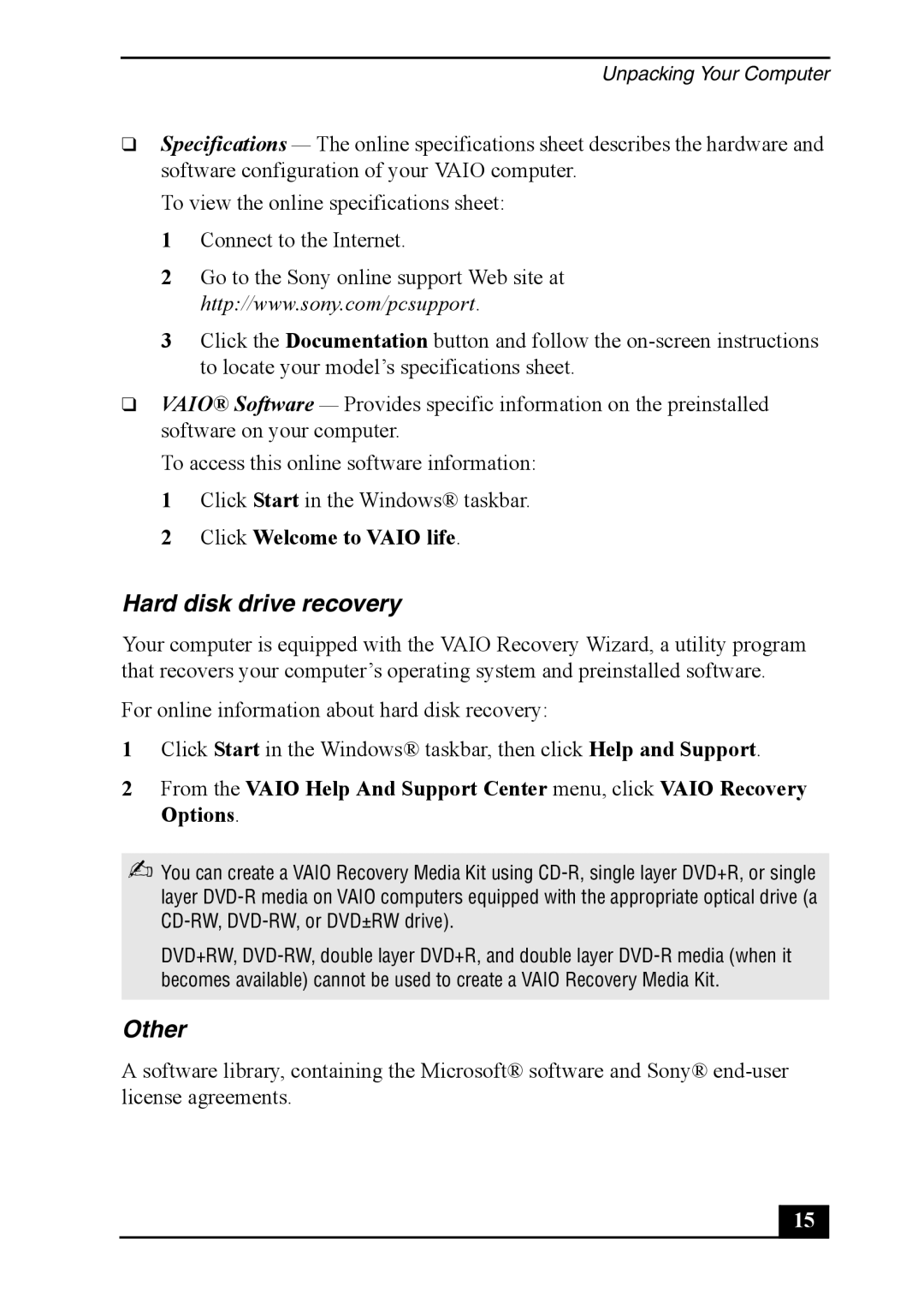 Sony PCV-RS710 quick start Hard disk drive recovery, Other 