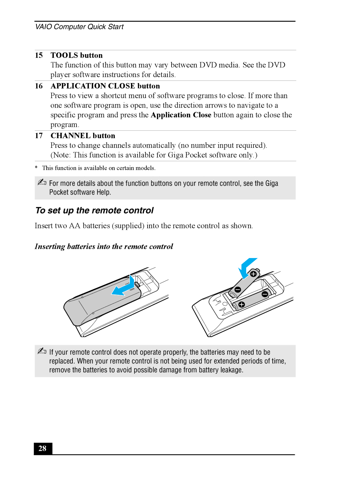 Sony PCV-RS710 quick start To set up the remote control, Tools button, Application Close button, Channel button 