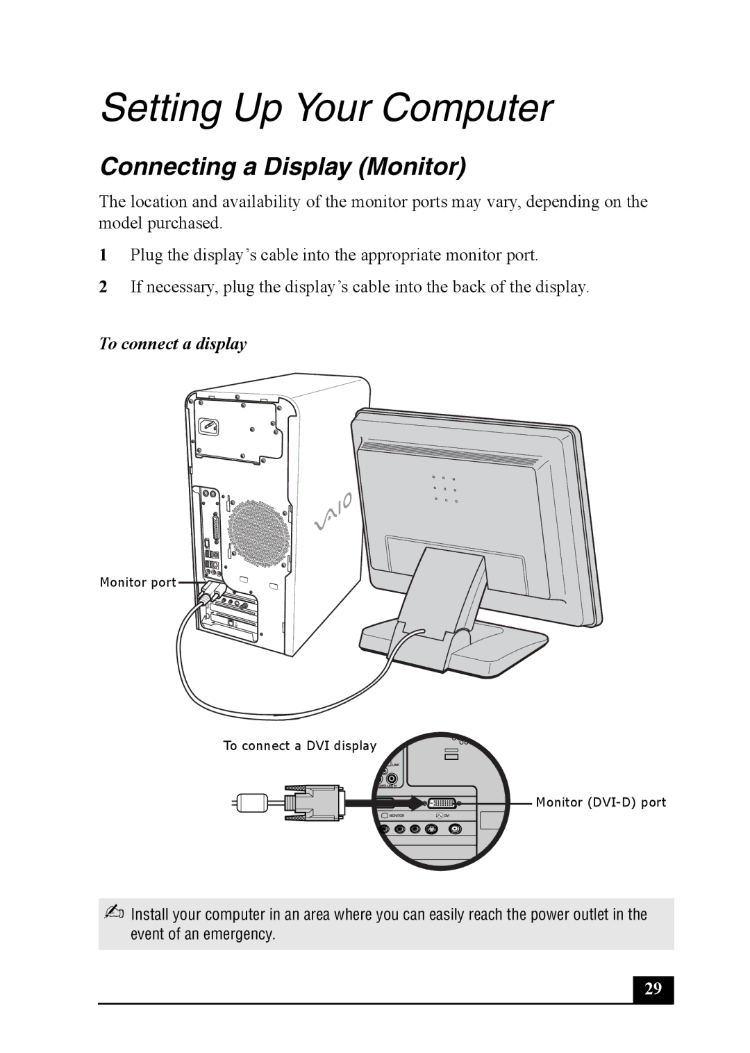 Sony PCV-RS710 quick start Setting Up Your Computer, Connecting a Display Monitor, To connect a display 