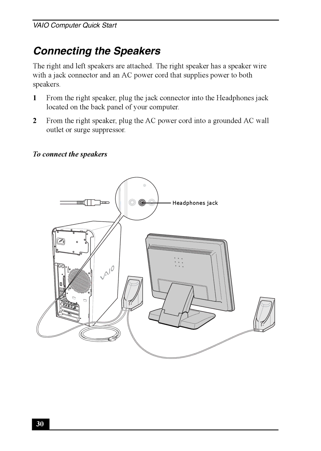 Sony PCV-RS710 quick start Connecting the Speakers, To connect the speakers 