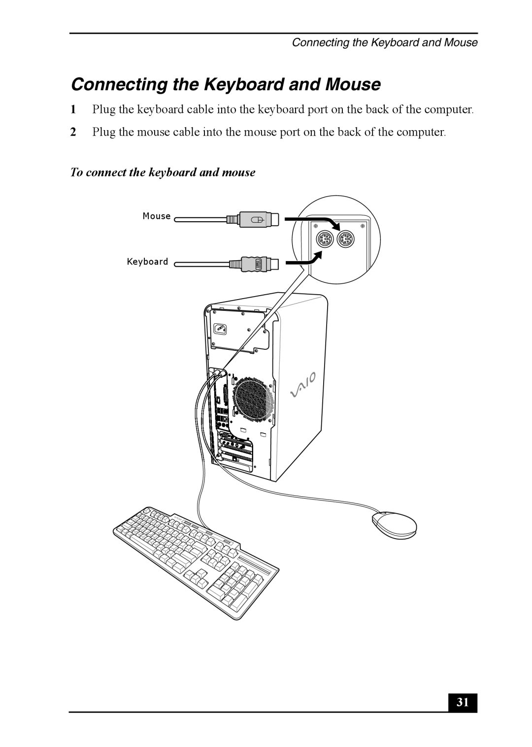 Sony PCV-RS710 quick start Connecting the Keyboard and Mouse, To connect the keyboard and mouse 