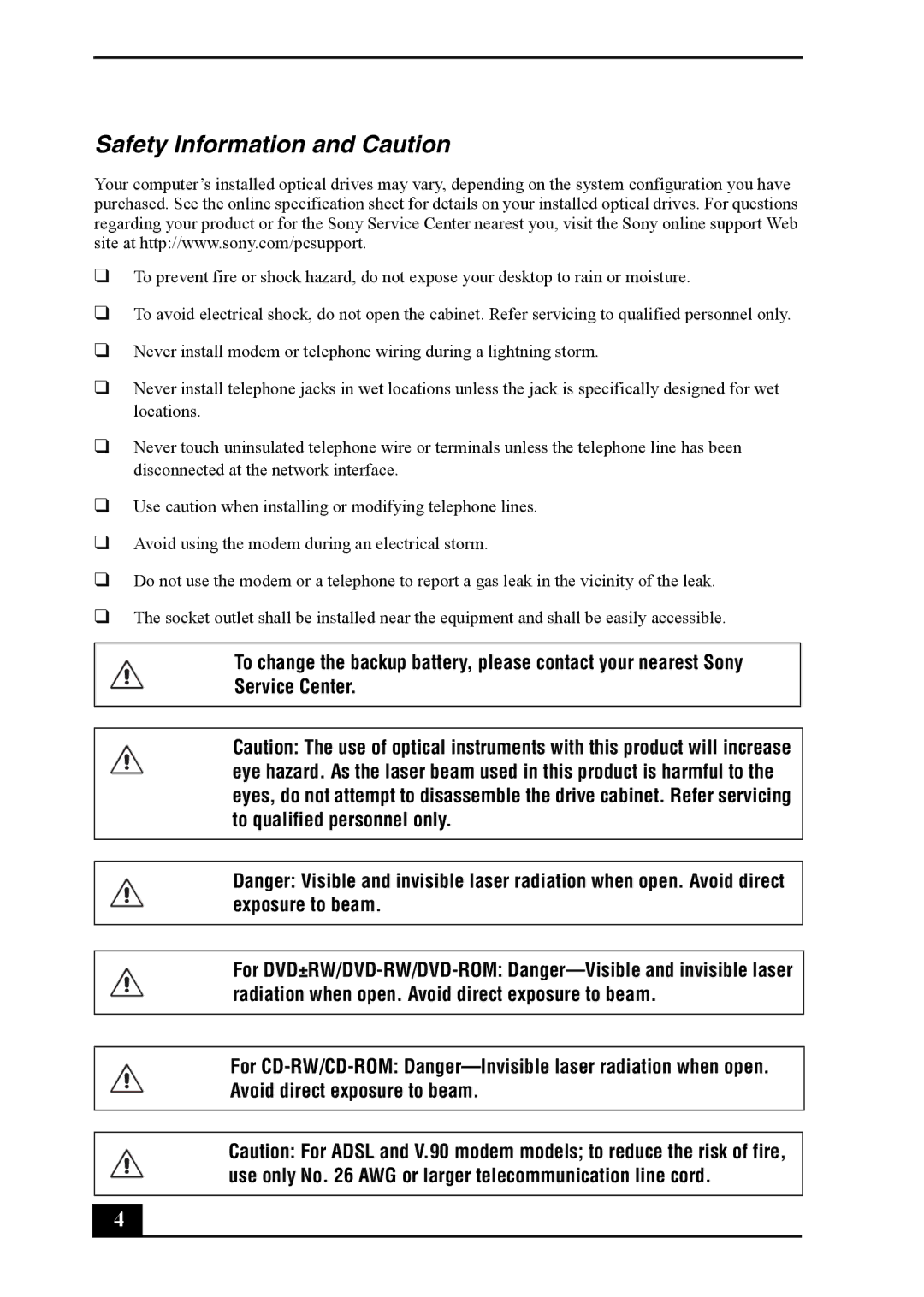 Sony PCV-RS710 quick start Safety Information and Caution 