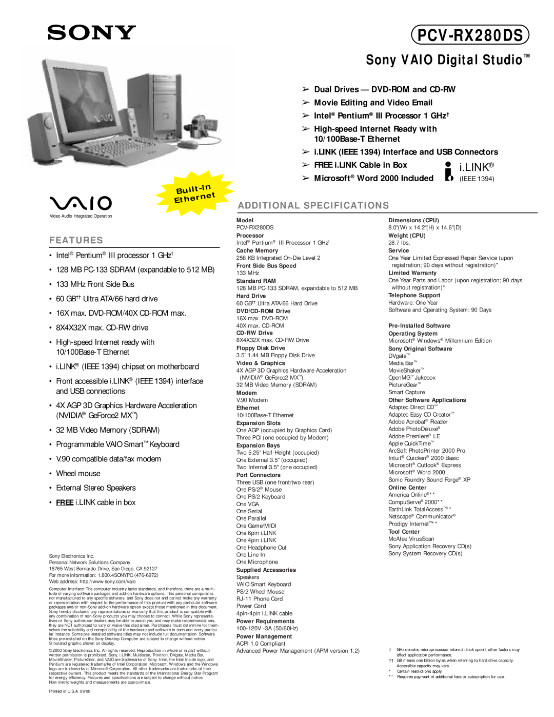 Sony PCV-RX280DS dimensions Ieee, Model Dimensions CPU, Processor, Cache Memory, Front Side Bus Speed, Standard RAM, Modem 