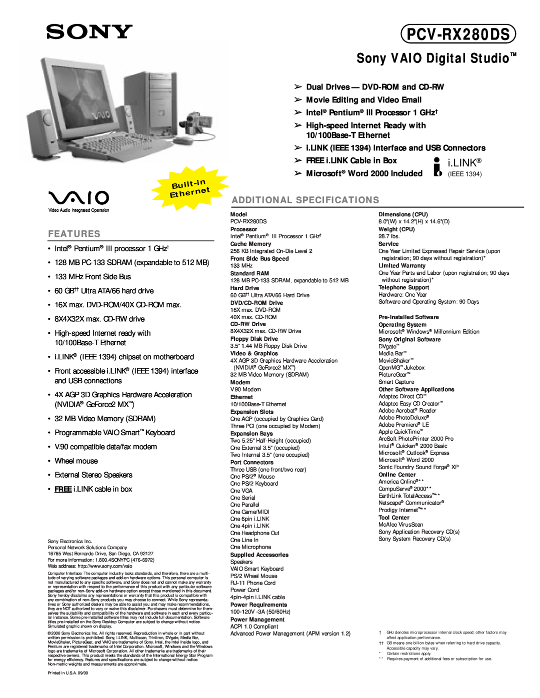 Sony PCV-RX280DS dimensions Sony VAIO Digital Studio, i.LINK, Additional Specifications, Features, in Built Ethernet 