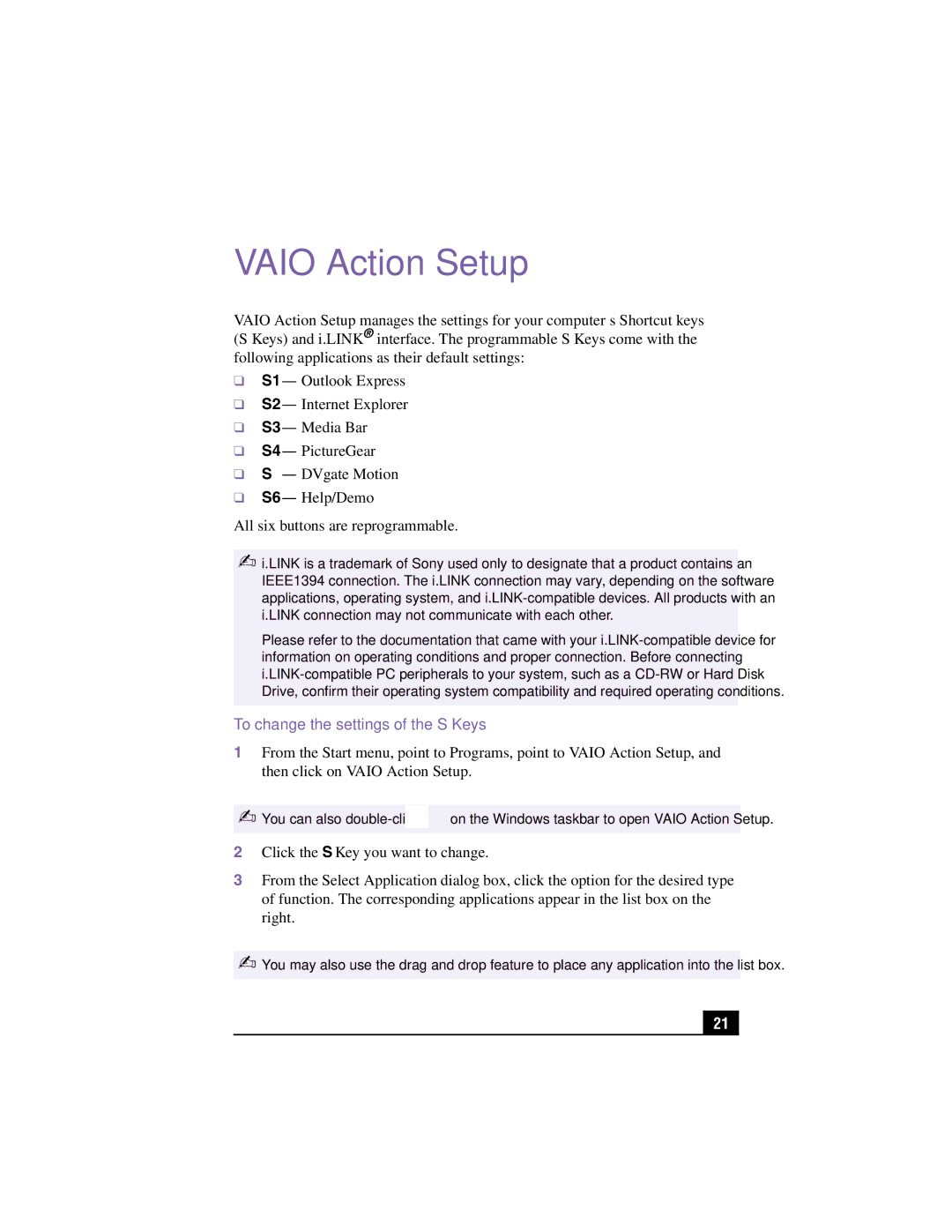 Sony PCV-RX360DS manual Vaio Action Setup, To change the settings of the S Keys 