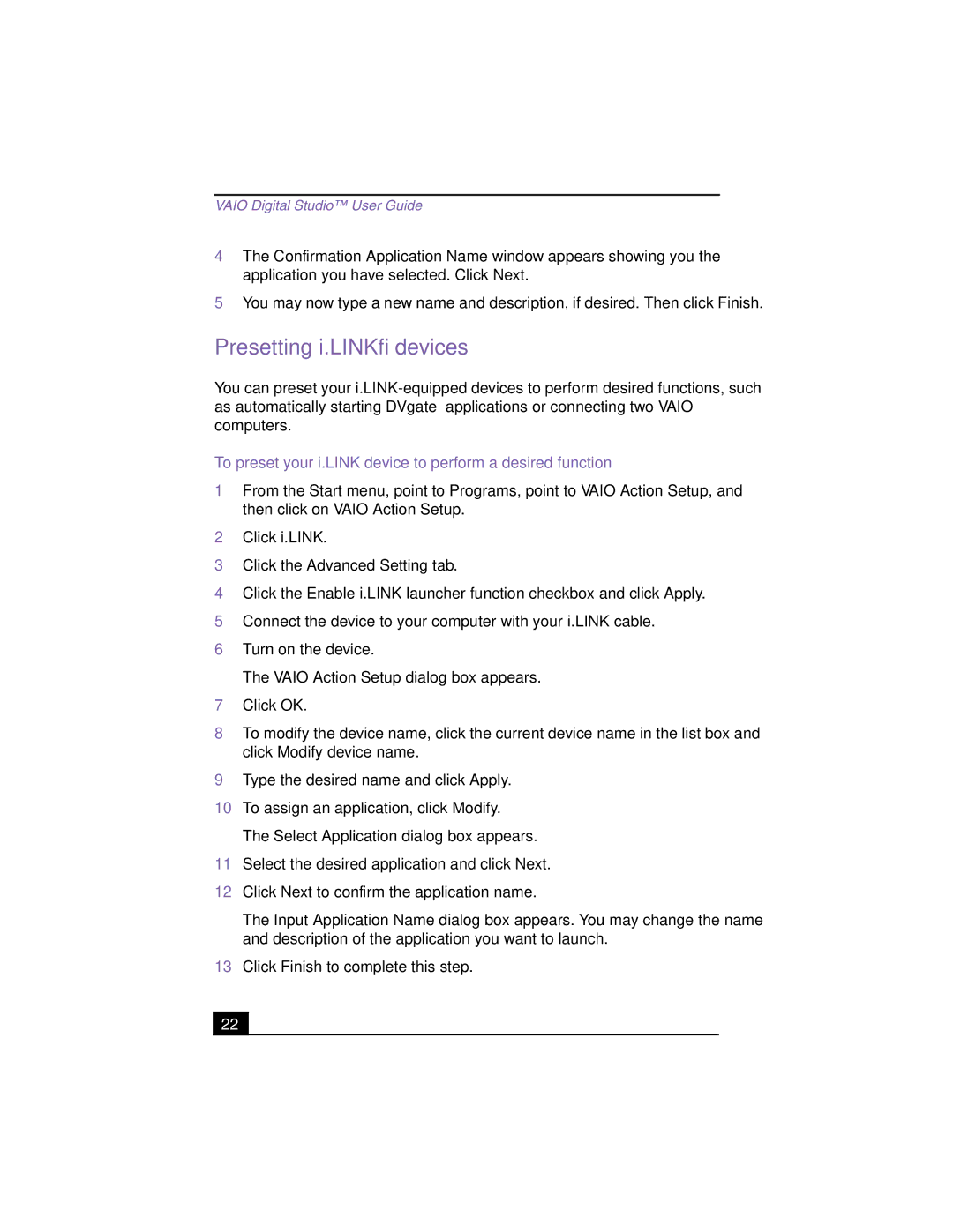 Sony PCV-RX360DS manual Presetting i.LINK devices, To preset your i.LINK device to perform a desired function 