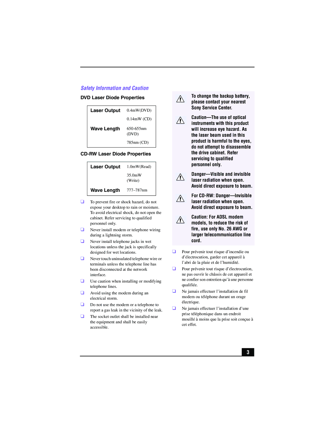 Sony PCV-RX360DS manual Safety Information and Caution 