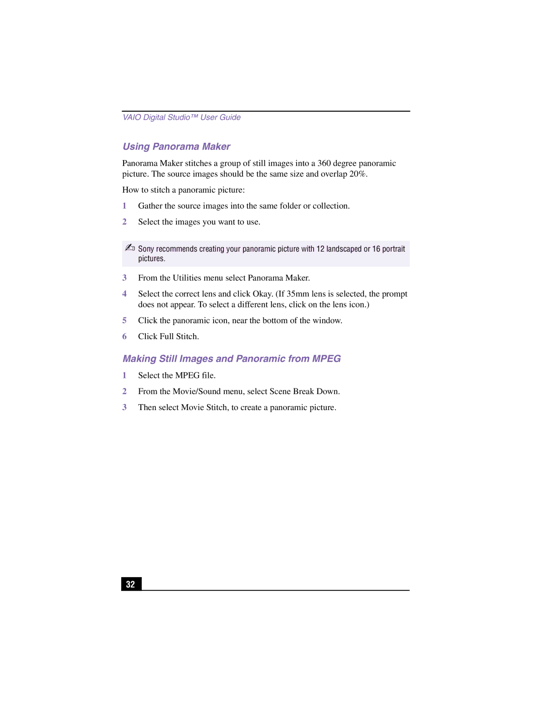 Sony PCV-RX360DS manual Using Panorama Maker, Making Still Images and Panoramic from Mpeg 