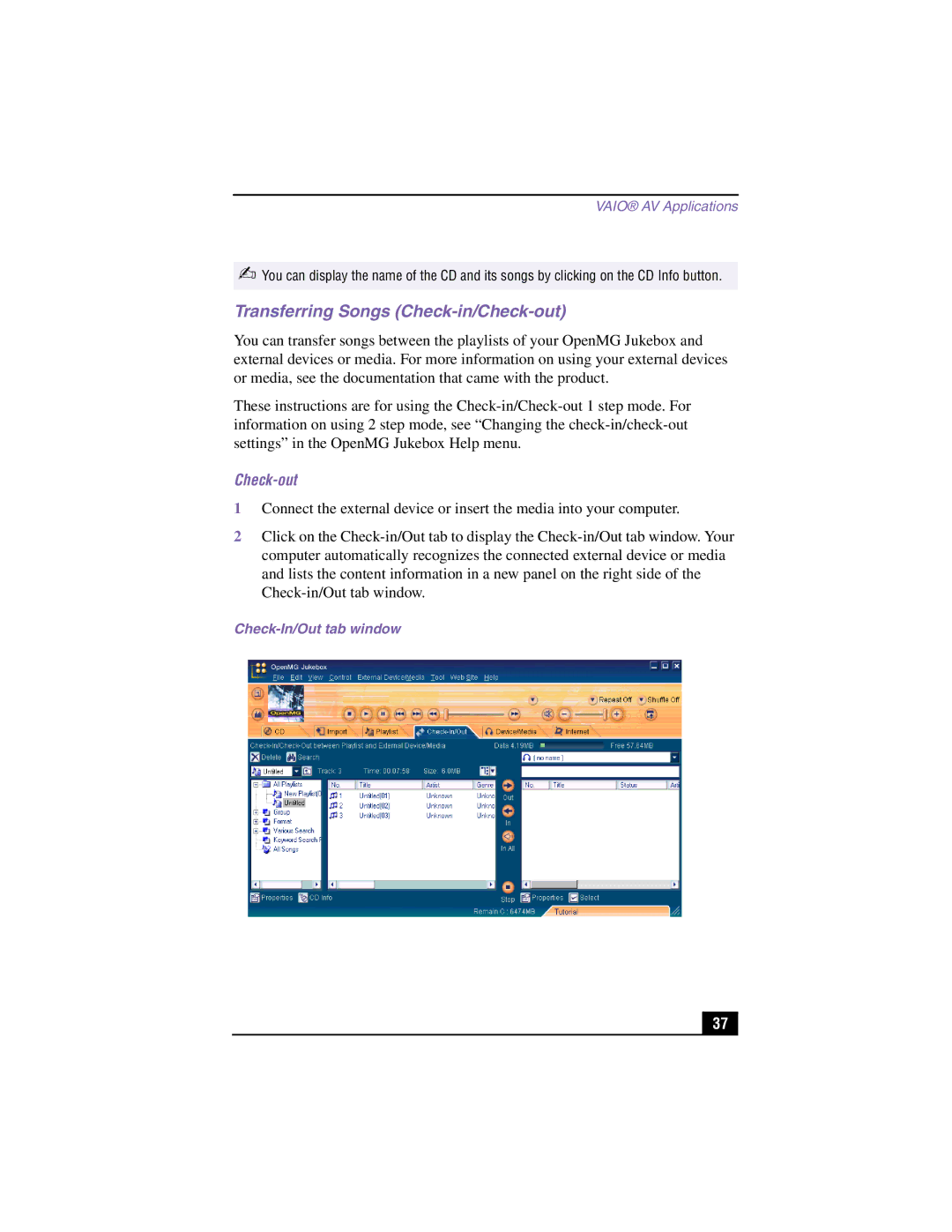 Sony PCV-RX360DS manual Transferring Songs Check-in/Check-out 