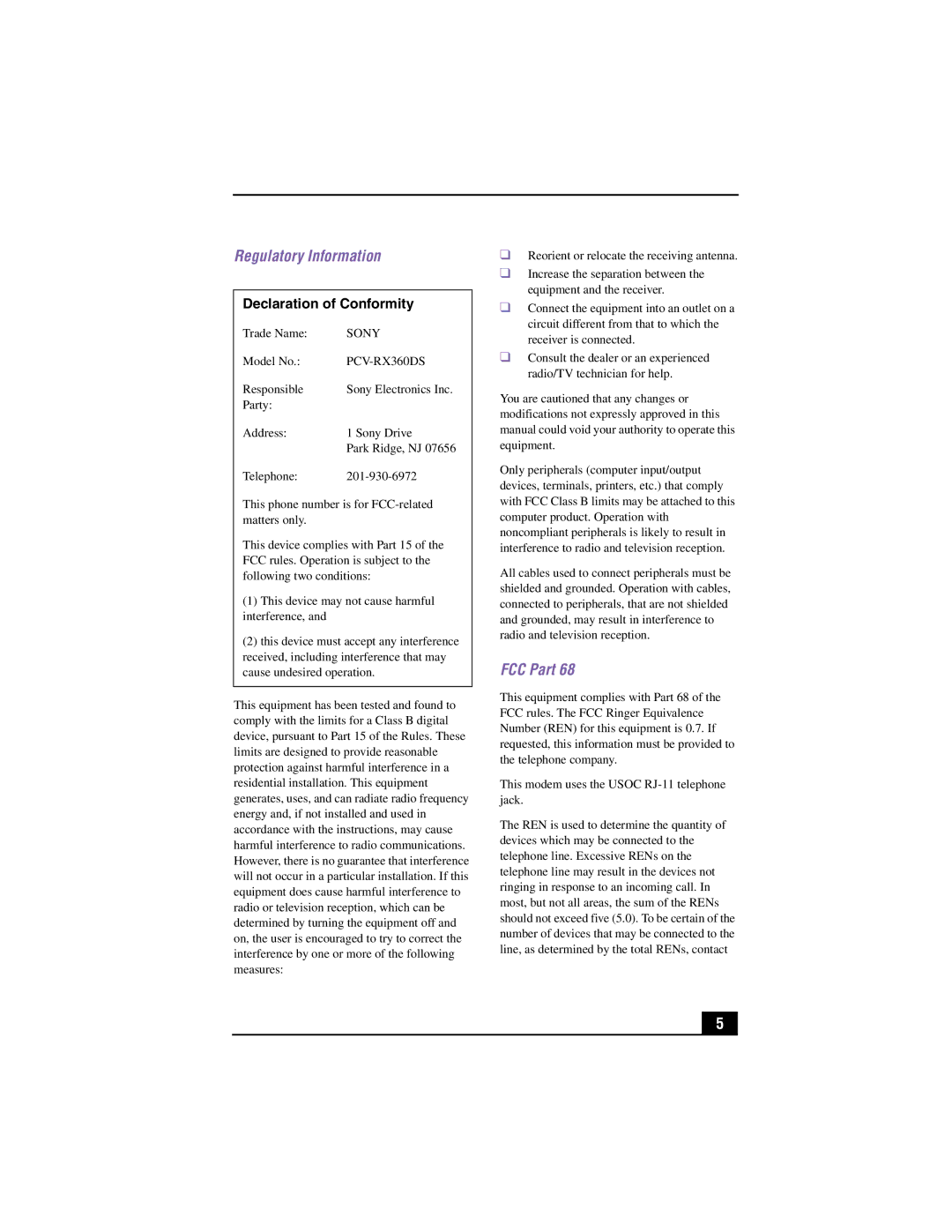 Sony PCV-RX360DS manual Regulatory Information, FCC Part 