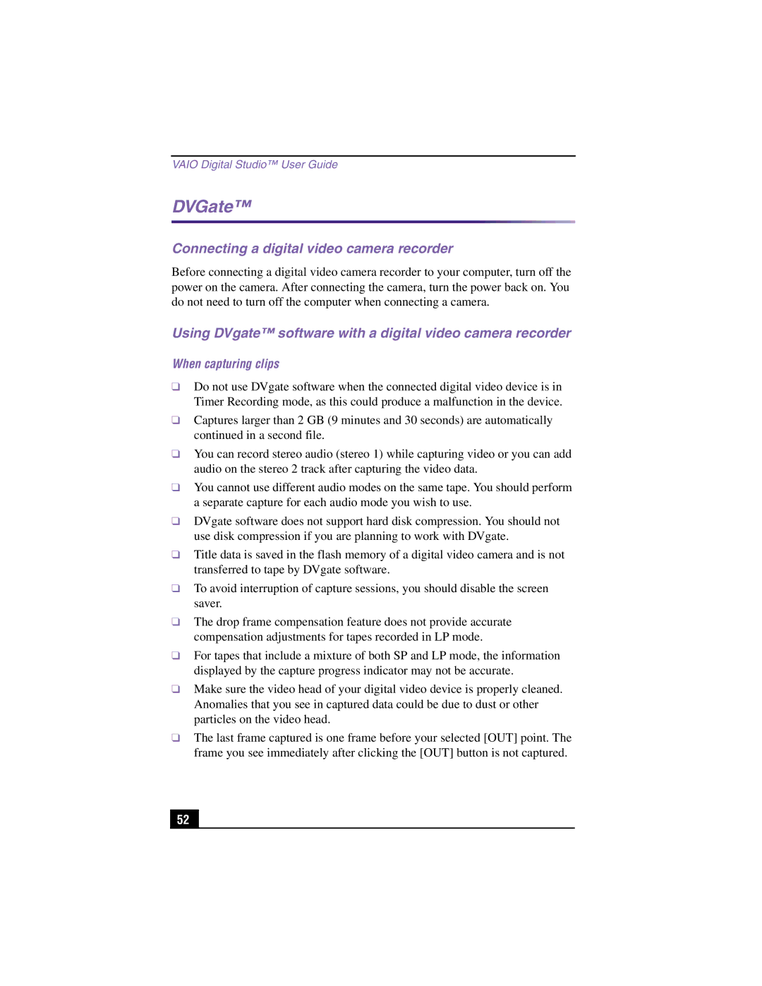 Sony PCV-RX360DS manual DVGate, Connecting a digital video camera recorder, When capturing clips 