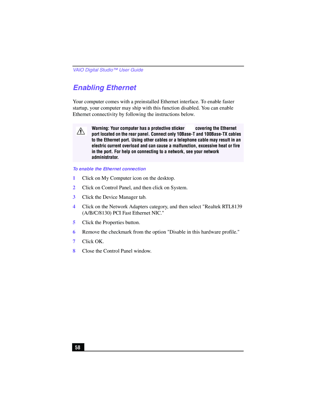 Sony PCV-RX360DS manual Enabling Ethernet, To enable the Ethernet connection 