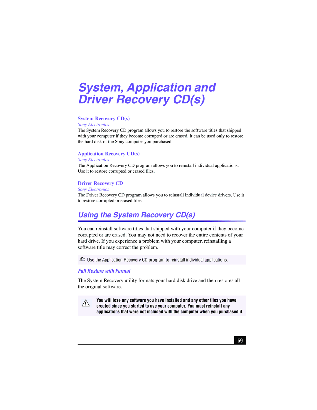 Sony PCV-RX360DS manual Using the System Recovery CDs, Full Restore with Format 