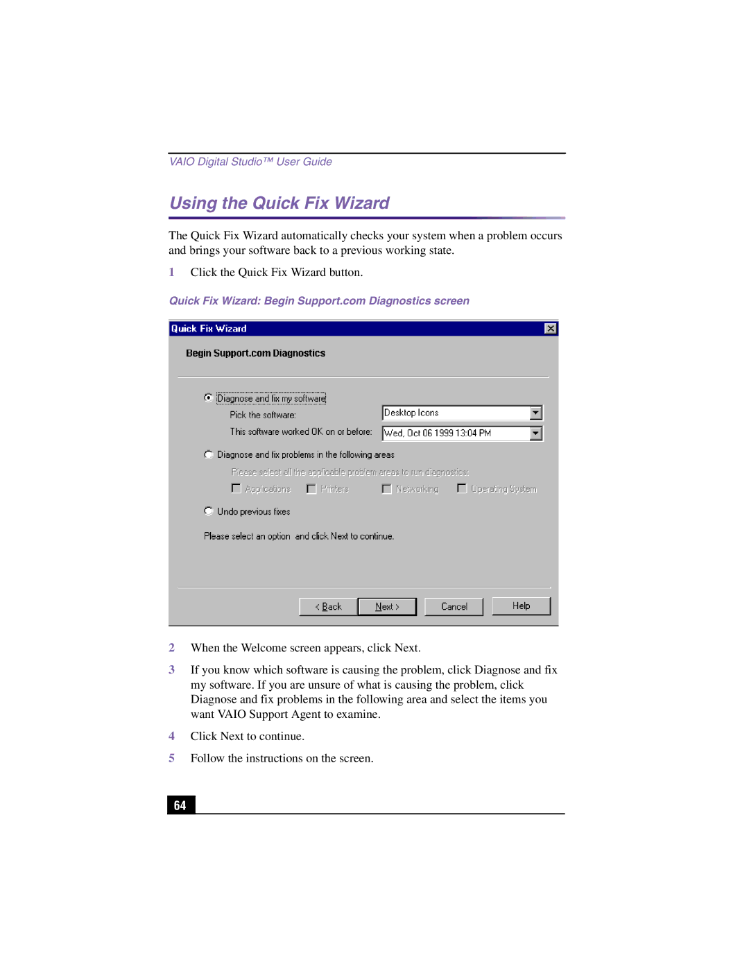 Sony PCV-RX360DS manual Using the Quick Fix Wizard 