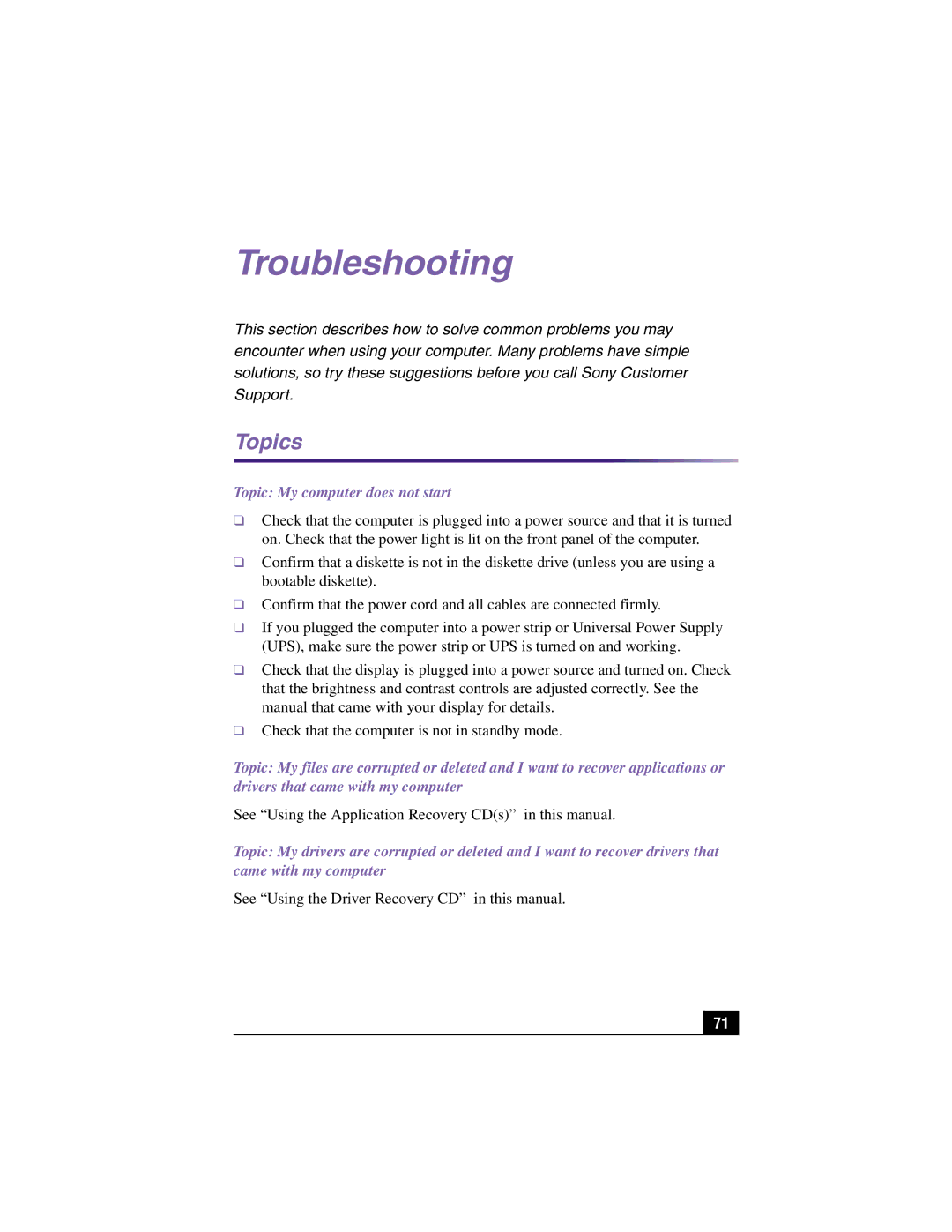 Sony PCV-RX360DS manual Troubleshooting, Topics 